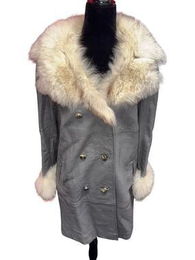 Vintage Gray Leather Coat Real Fur Trim Double Breasted Women’s L